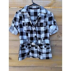 Y2K Von Mozart Black White Buffalo Plaid Belted Utility Safari  Shirt Small